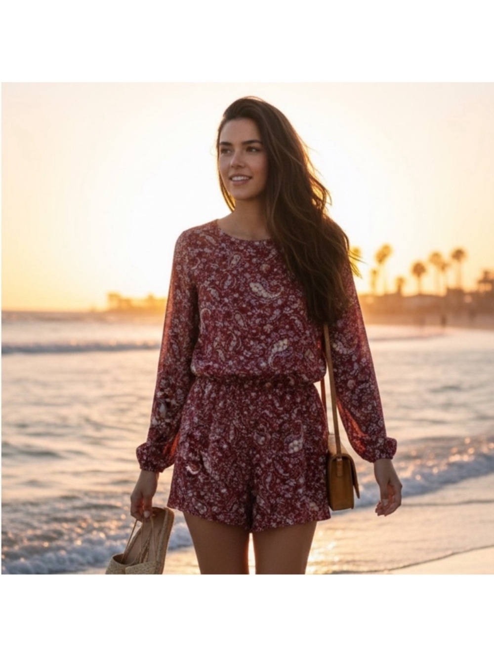 Burgundy Paisley Long-Sleeve Romper